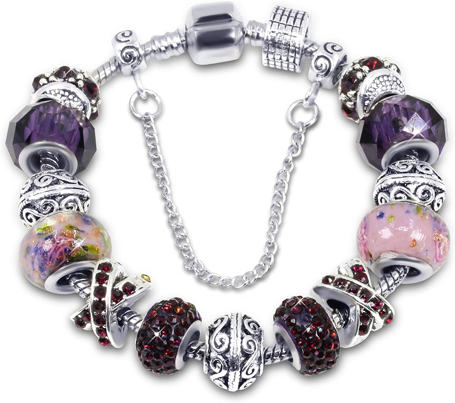 Savlano Silver Tone Charm Bracelet With Purple Crystal And Murano Glass  Beads Snake Chain For Women & Girls